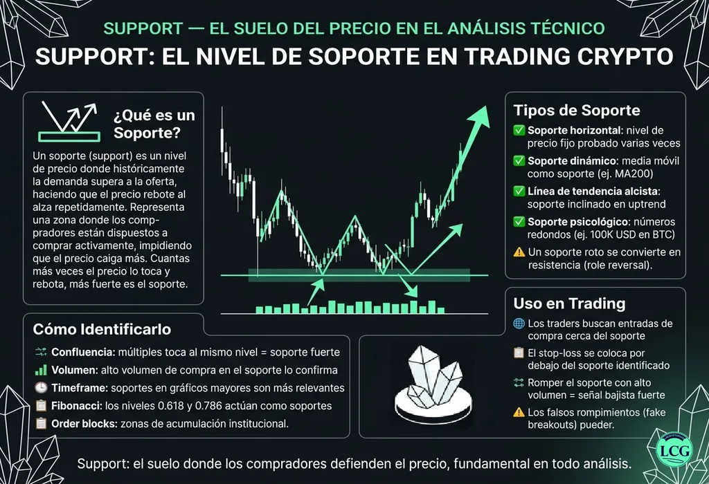 Infografía explicativa sobre Support en blockchain y crypto