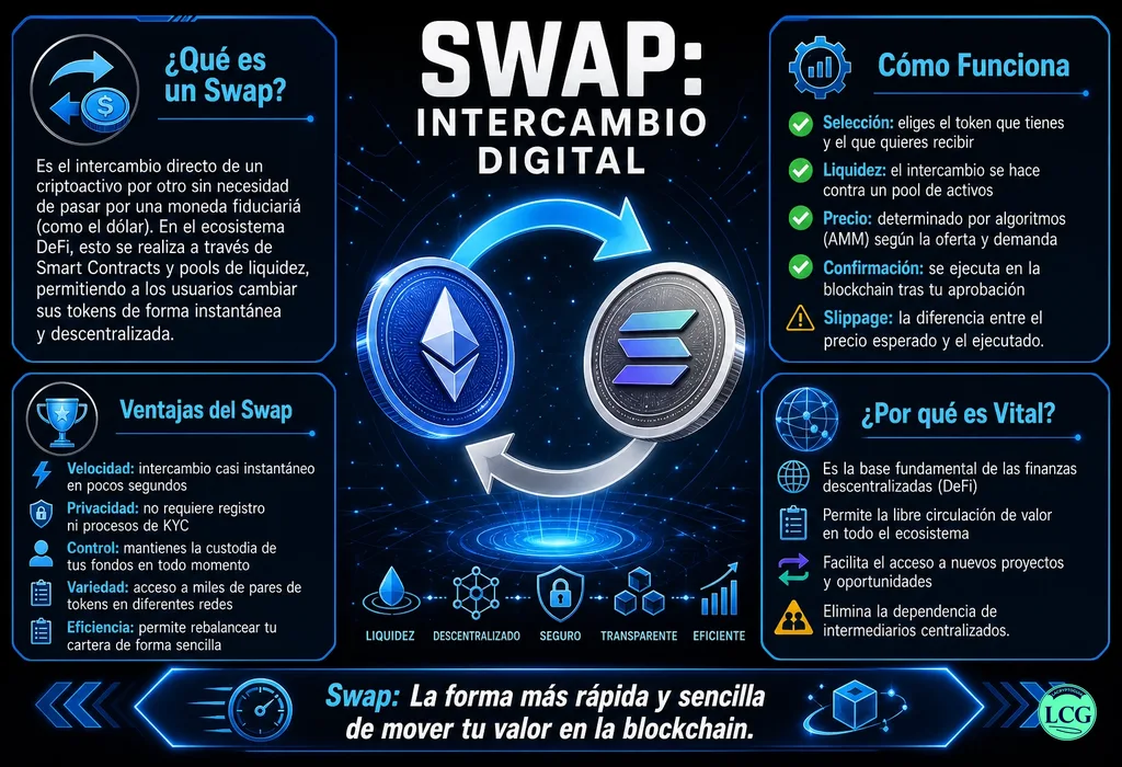 Infograf&iacute;a explicativa sobre Swap en blockchain y crypto
