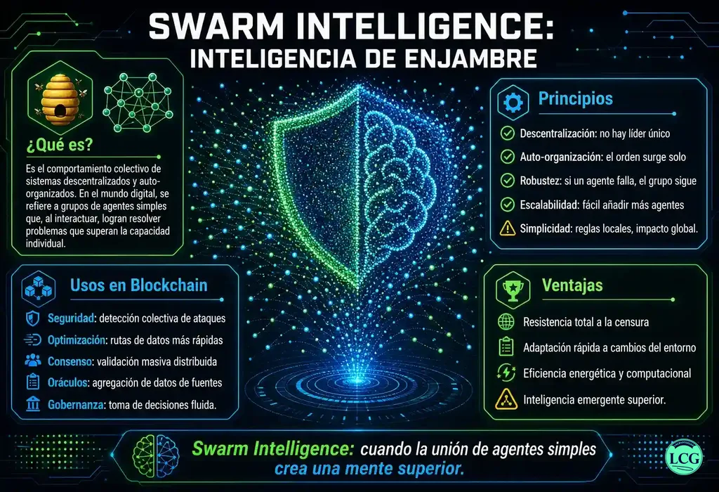 Infograf&iacute;a explicativa sobre Swarm Intelligence en blockchain y crypto