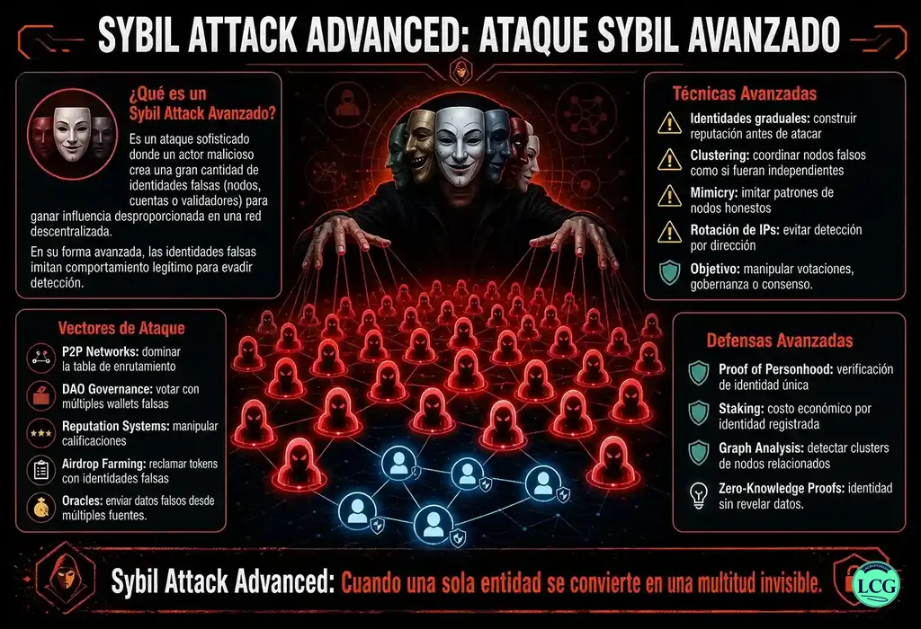 Infograf&iacute;a explicativa sobre Sybil Attack Advanced en blockchain y crypto