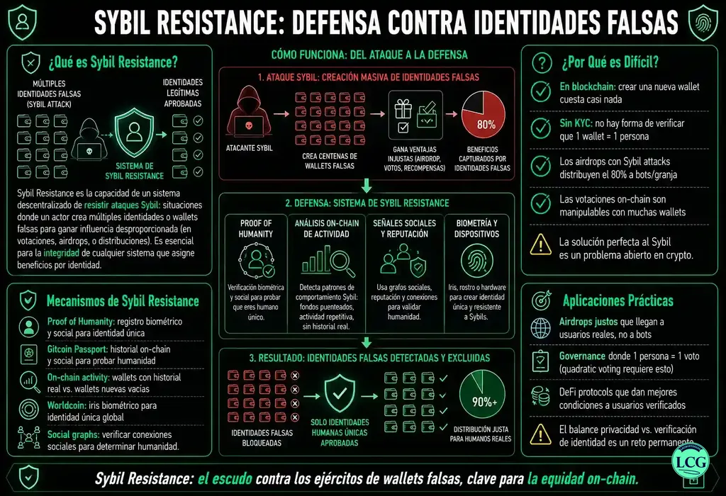 Infograf&iacute;a explicativa sobre Sybil Resistance en blockchain y crypto