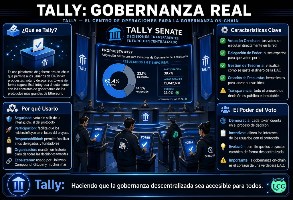 Infograf&iacute;a explicativa sobre Tally Governance en blockchain y crypto