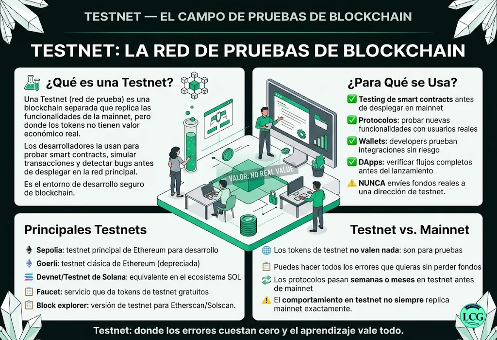 Infograf&iacute;a explicativa sobre Testnet en blockchain y crypto