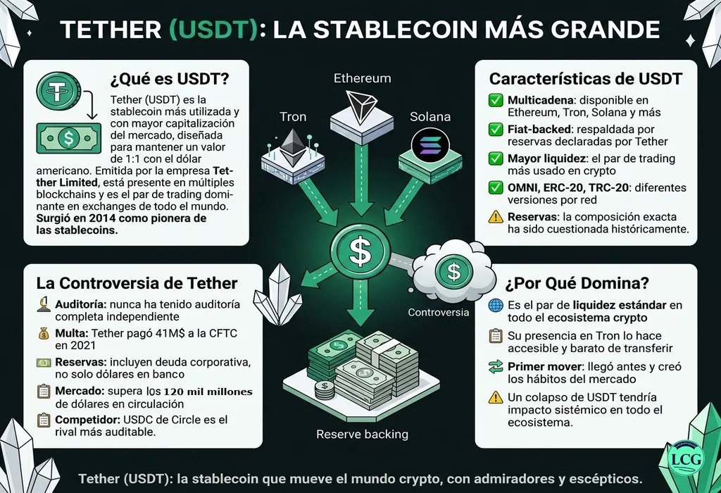 Infograf&iacute;a explicativa sobre Tether Usdt en blockchain y crypto