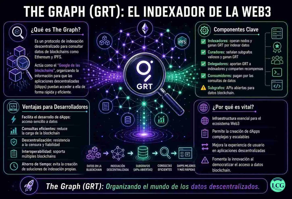 Infograf&iacute;a explicativa sobre The Graph (Grt) en blockchain y crypto