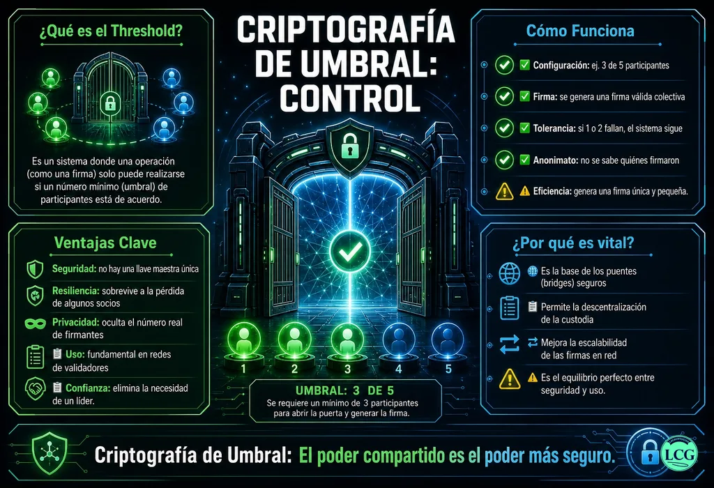 Infograf&iacute;a explicativa sobre Threshold Cryptography en blockchain y crypto
