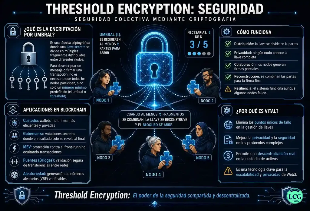 Infograf&iacute;a explicativa sobre Threshold Encryption en blockchain y crypto