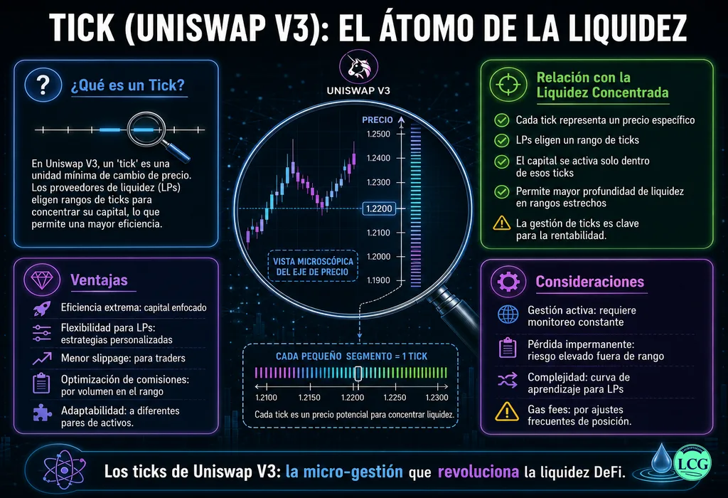 Infograf&iacute;a explicativa sobre Tick (Uniswap V3) en blockchain y crypto