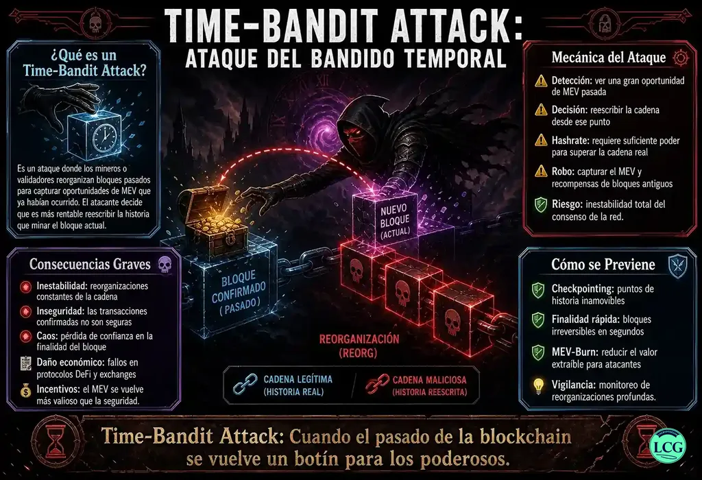 Infograf&iacute;a explicativa sobre Time Bandit Attack en blockchain y crypto