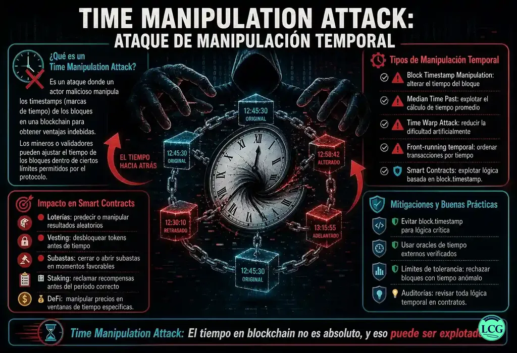 Infograf&iacute;a explicativa sobre Time Manipulation Attack en blockchain y crypto