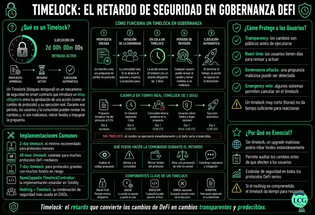 Infograf&iacute;a explicativa sobre Timelock en blockchain y crypto
