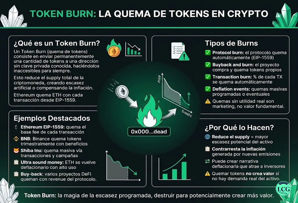 Infograf&iacute;a explicativa sobre Token Burn en blockchain y crypto