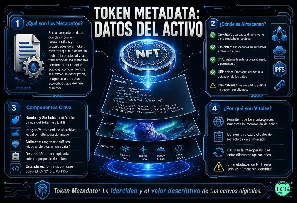Infograf&iacute;a explicativa sobre Token Metadata en blockchain y crypto