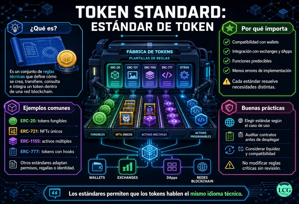 Infograf&iacute;a explicativa sobre Token Standard en blockchain y crypto