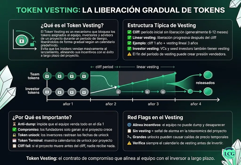 Infograf&iacute;a explicativa sobre Token Vesting en blockchain y crypto