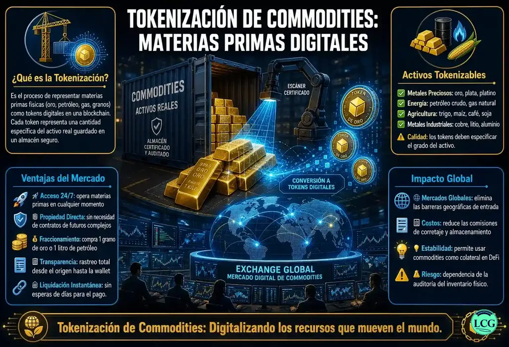Infograf&iacute;a explicativa sobre Tokenizacion Commodities en blockchain y crypto