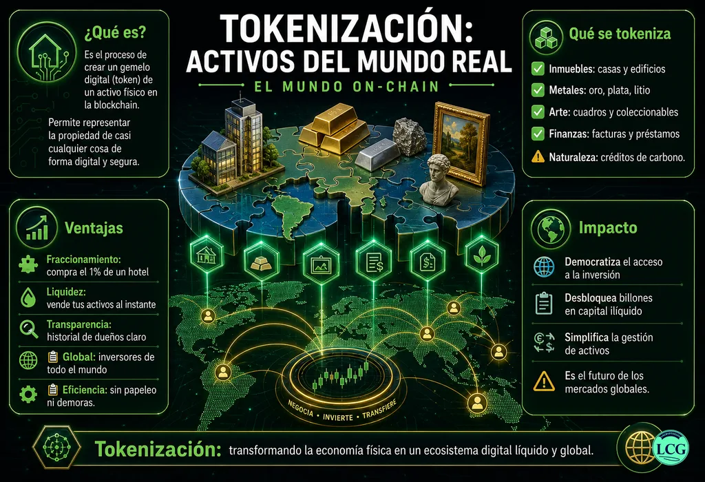 Infograf&iacute;a explicativa sobre Tokenizacion De Activos en blockchain y crypto