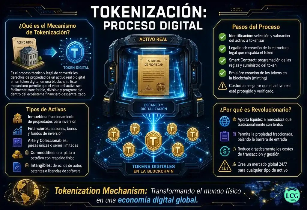 Infograf&iacute;a explicativa sobre Tokenization Mechanism en blockchain y crypto