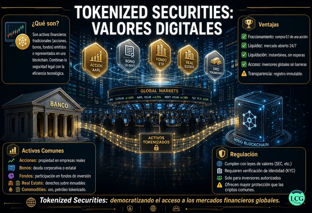 Infograf&iacute;a explicativa sobre Tokenized Securities en blockchain y crypto