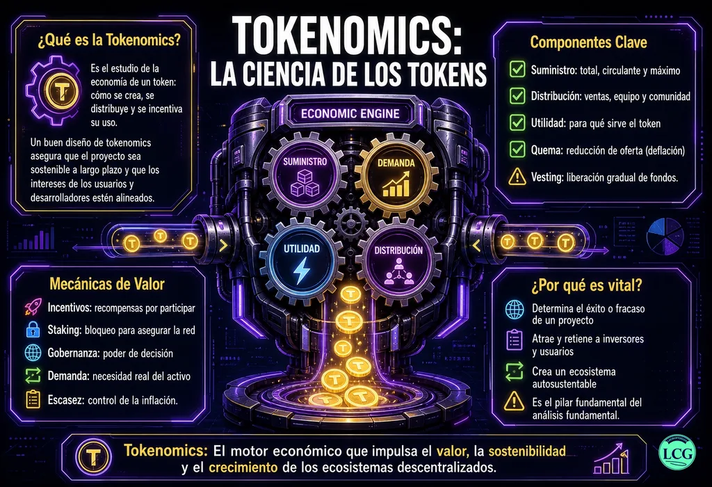 Infograf&iacute;a explicativa sobre Tokenomics en blockchain y crypto