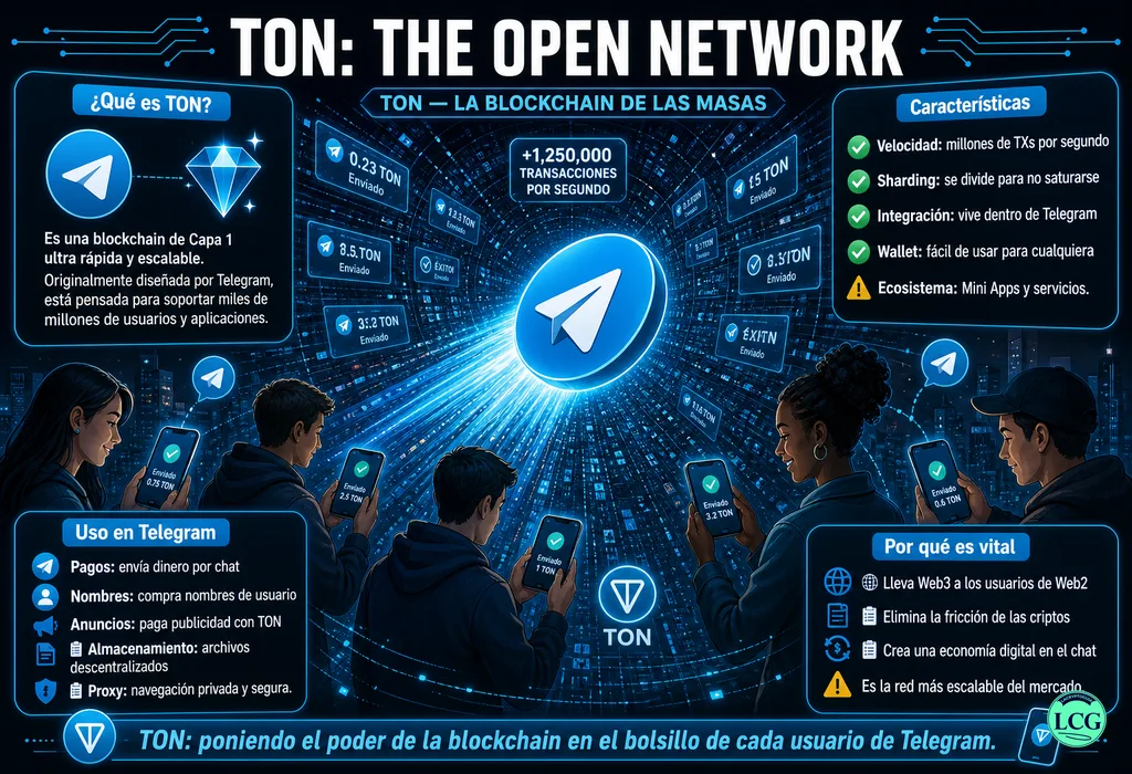 Infografía explicativa sobre Ton (The Open Network) en blockchain y crypto