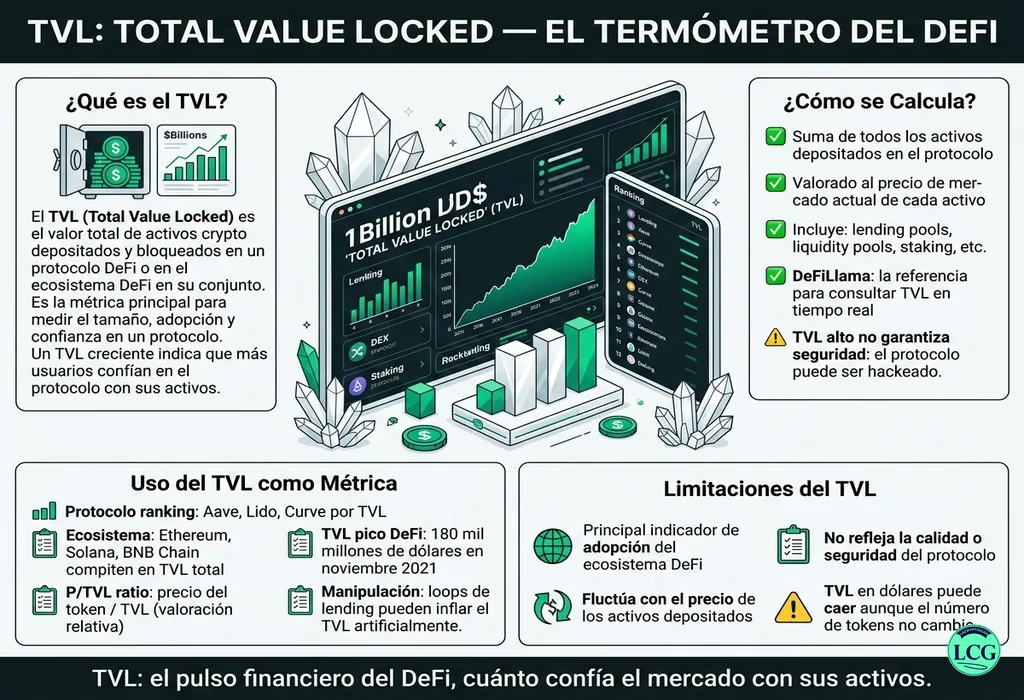 Infograf&iacute;a explicativa sobre Total Value Locked (Tvl) en blockchain y crypto