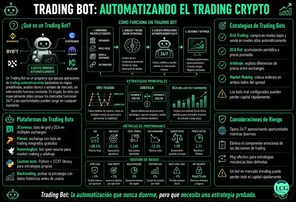 Infograf&iacute;a explicativa sobre Trading Bot en blockchain y crypto