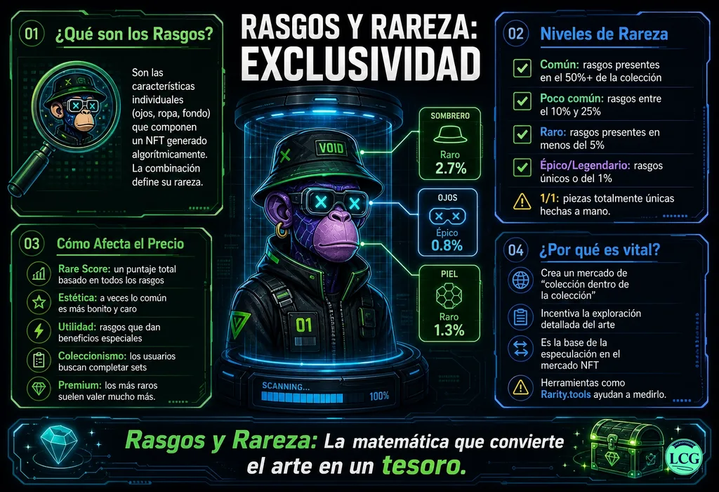 Infograf&iacute;a explicativa sobre Traits Rarity en blockchain y crypto