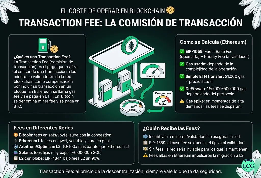 Infograf&iacute;a explicativa sobre Transaction Fee en blockchain y crypto