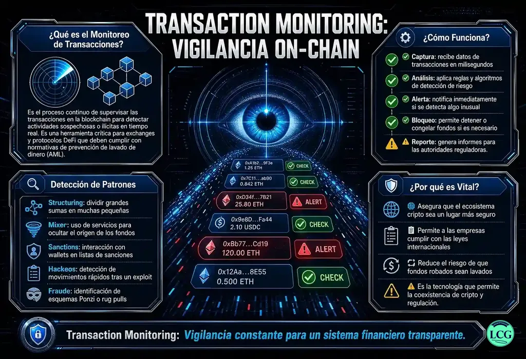 Infografía explicativa sobre Transaction Monitoring en blockchain y crypto