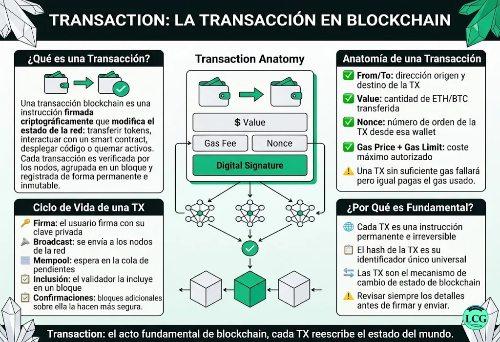 Infograf&iacute;a explicativa sobre Transaction en blockchain y crypto