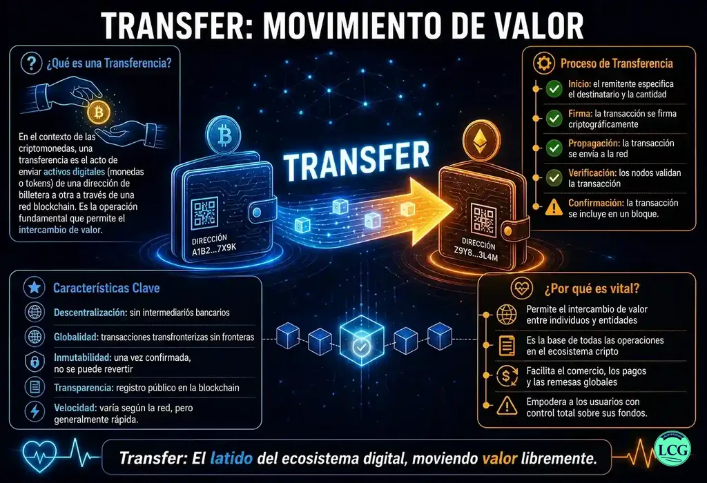 Infograf&iacute;a explicativa sobre Transfer en blockchain y crypto