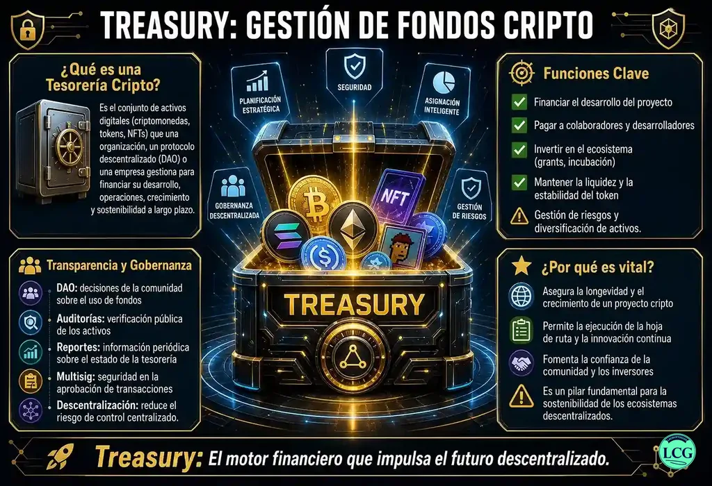 Infograf&iacute;a explicativa sobre Treasury en blockchain y crypto