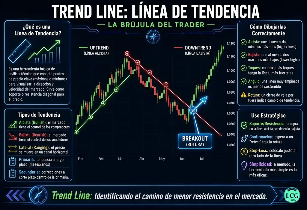 Infograf&iacute;a explicativa sobre Trend Line en blockchain y crypto