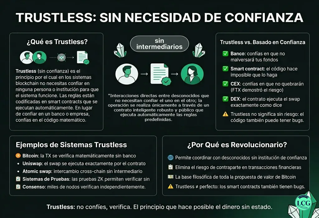 Infografía explicativa sobre Trustless en blockchain y crypto