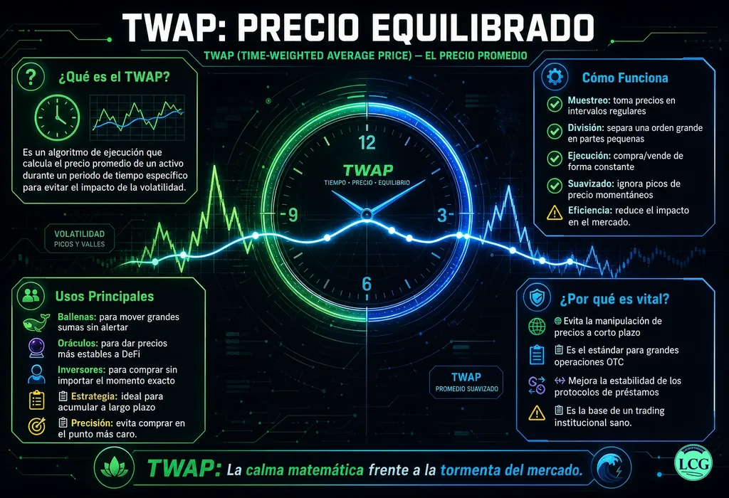Infograf&iacute;a explicativa sobre Twap en blockchain y crypto