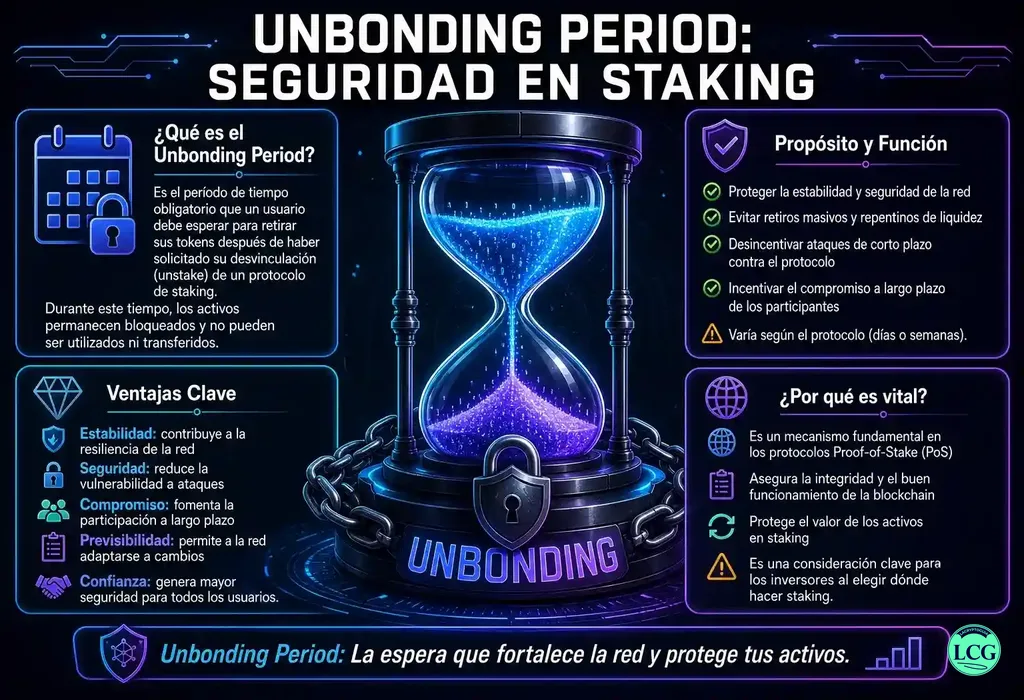 Infograf&iacute;a explicativa sobre Unbonding Period en blockchain y crypto