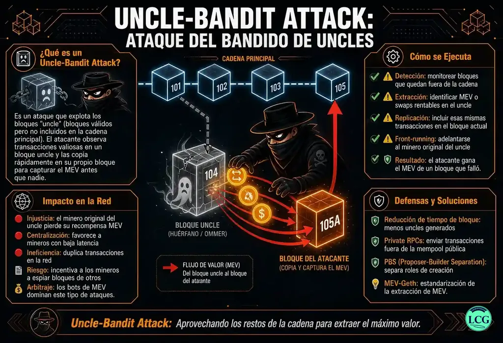 Infograf&iacute;a explicativa sobre Uncle Bandit Attack en blockchain y crypto