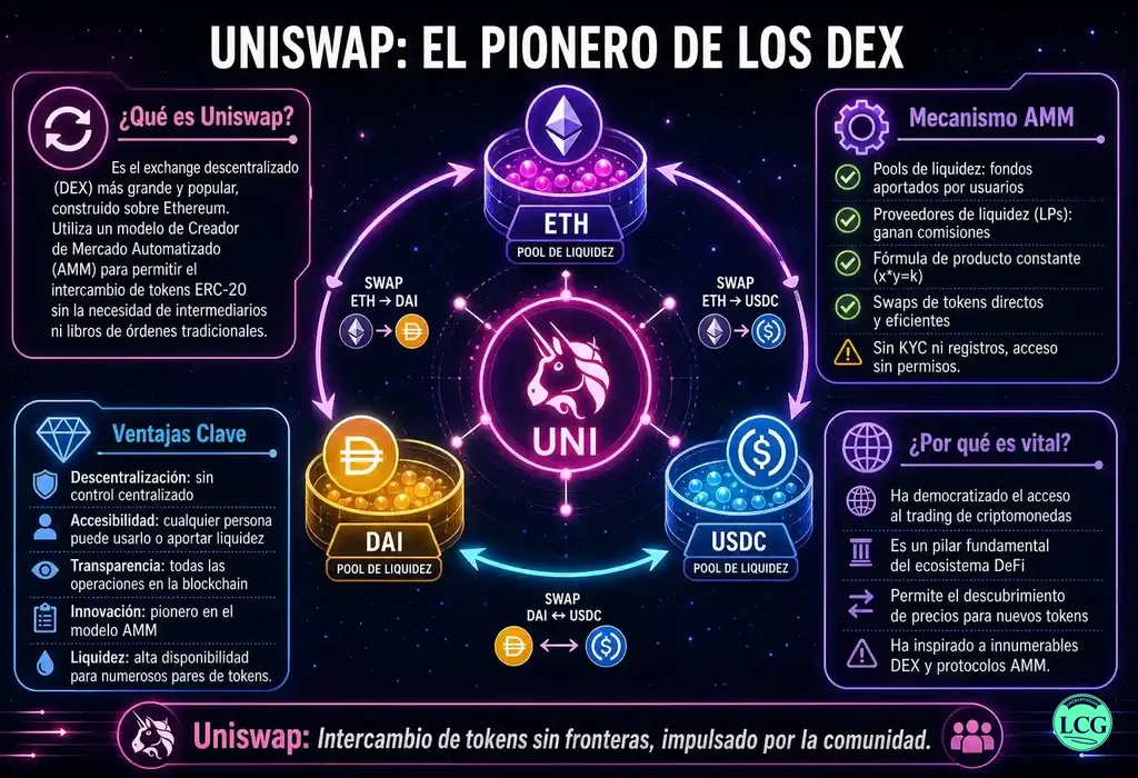 Infograf&iacute;a explicativa sobre Uniswap en blockchain y crypto