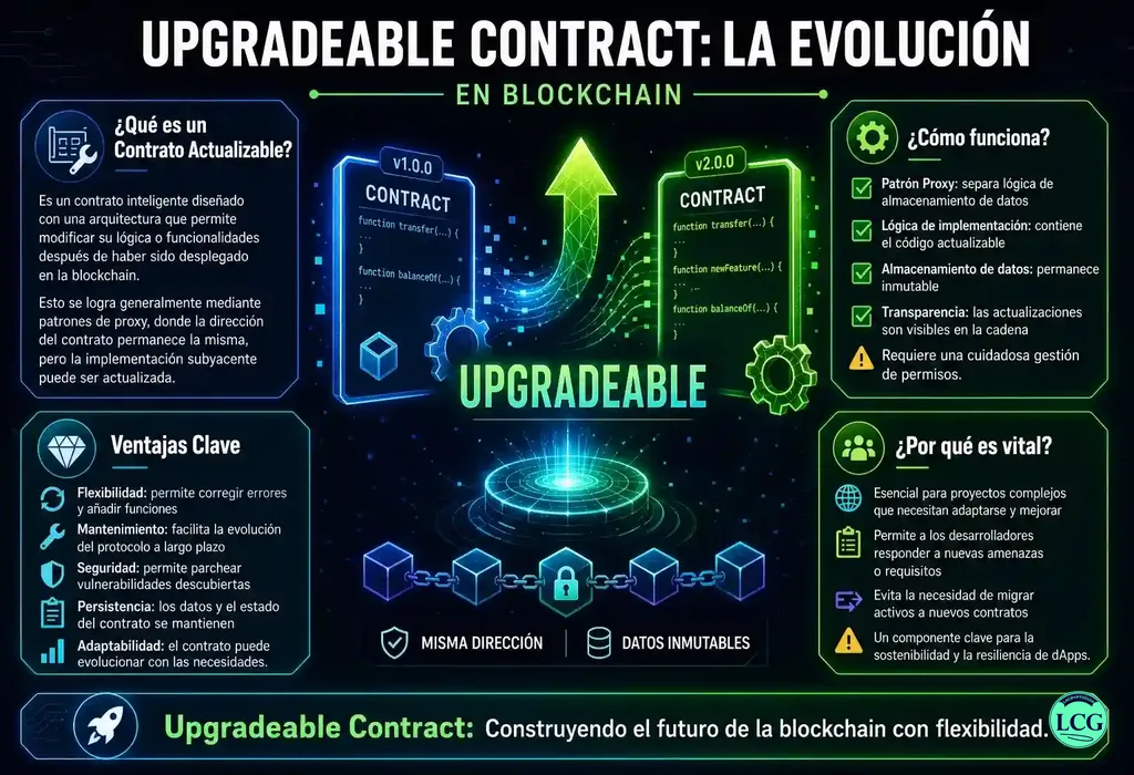 Infograf&iacute;a explicativa sobre Upgradeable Contract en blockchain y crypto