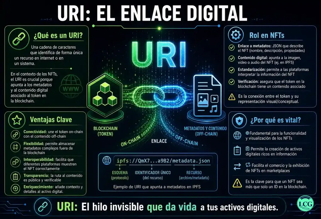 Infografía explicativa sobre Uri en blockchain y crypto