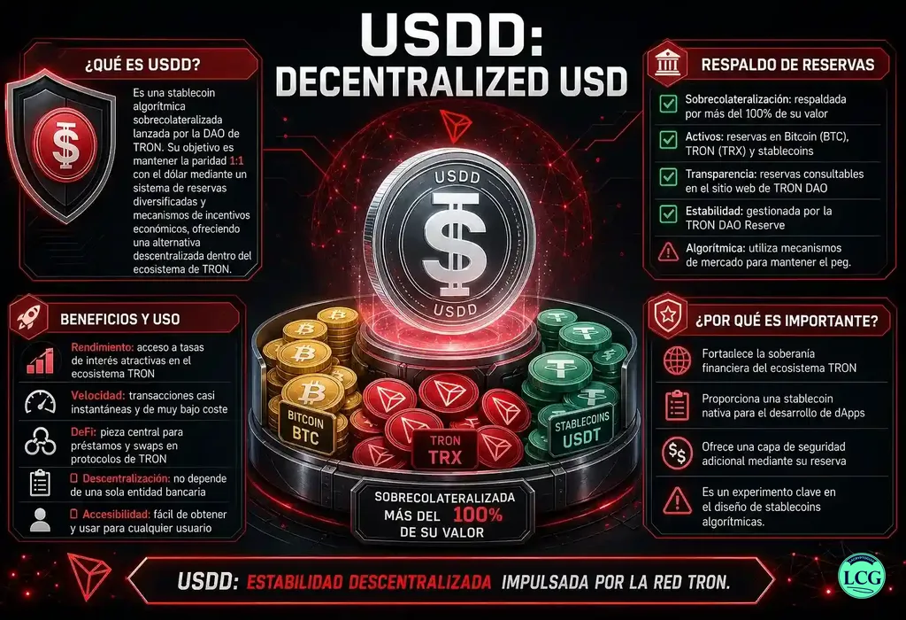 Infograf&iacute;a explicativa sobre Usdd en blockchain y crypto