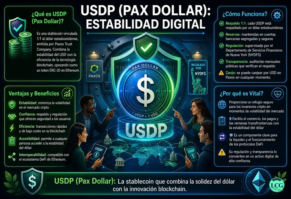 Infograf&iacute;a explicativa sobre Usdp en blockchain y crypto