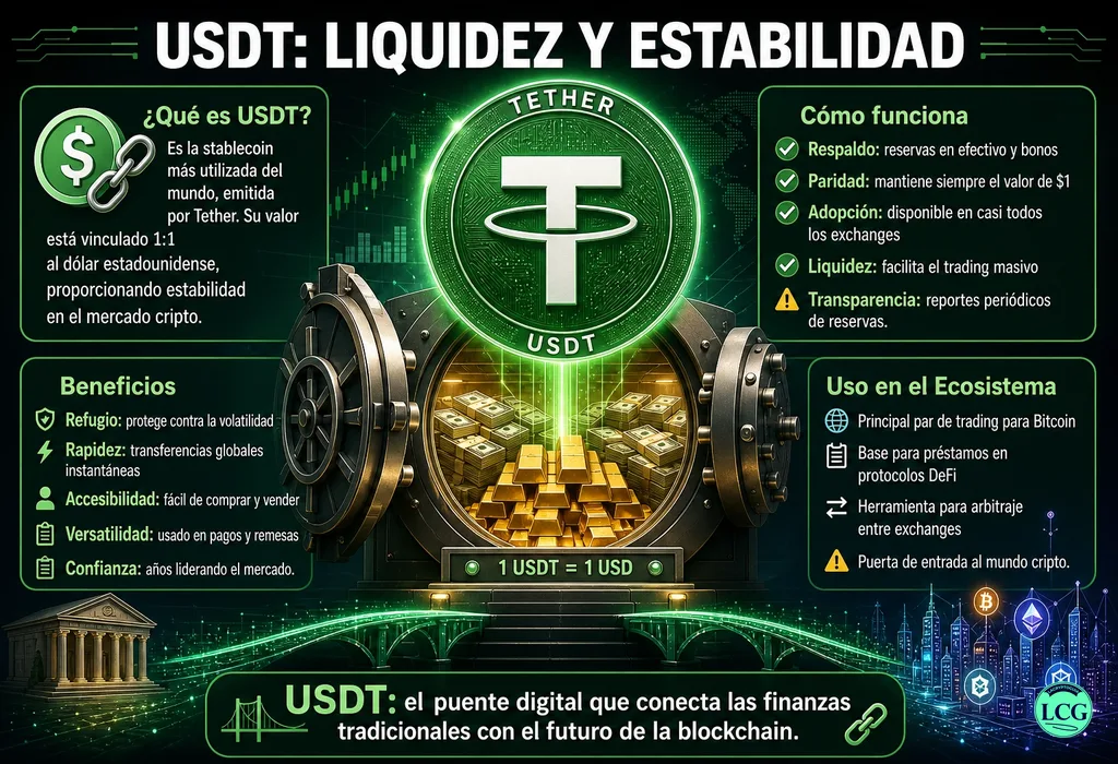 Infograf&iacute;a explicativa sobre Usdt Tether en blockchain y crypto