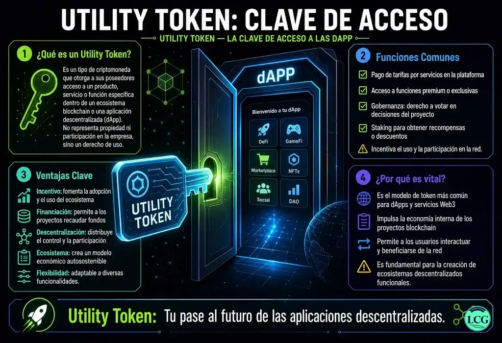Infograf&iacute;a explicativa sobre Utility Token en blockchain y crypto