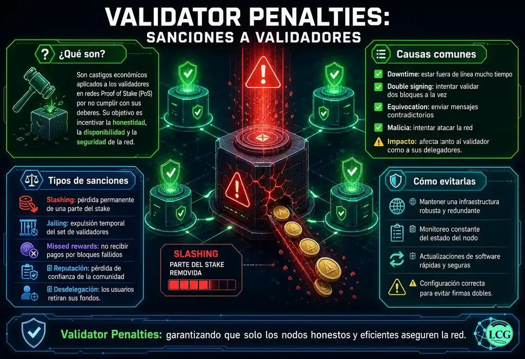 Infograf&iacute;a explicativa sobre Validator Penalties en blockchain y crypto