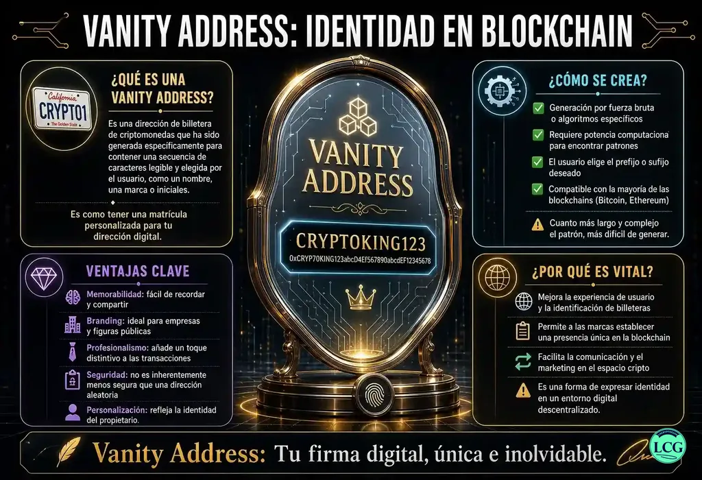 Infograf&iacute;a explicativa sobre Vanity Address en blockchain y crypto