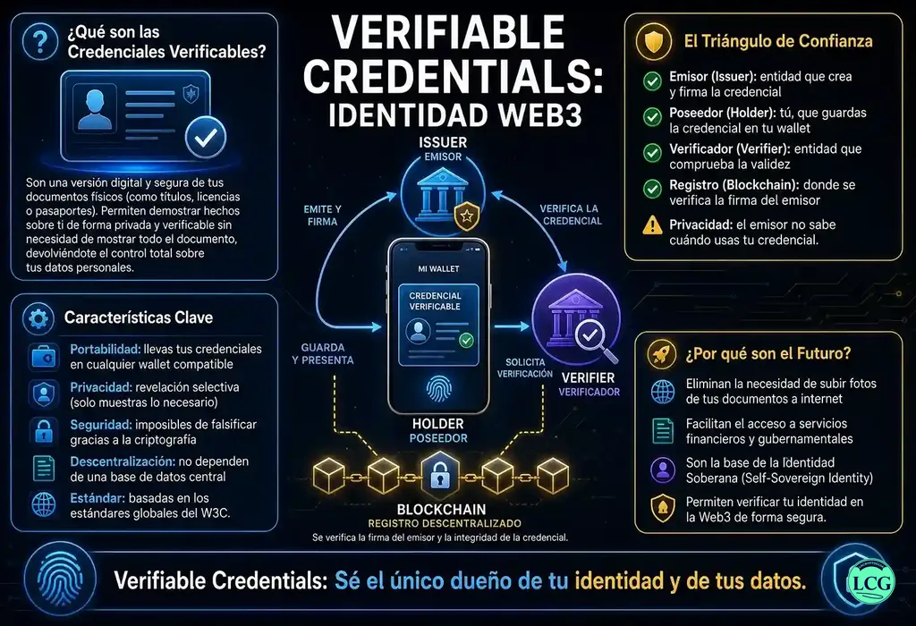 Infograf&iacute;a explicativa sobre Verifiable Credentials en blockchain y crypto