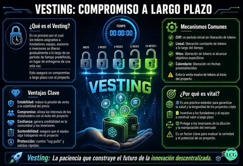 Infografía explicativa sobre Vesting en blockchain y crypto