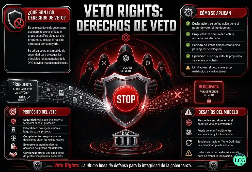 Infograf&iacute;a explicativa sobre Veto Rights en blockchain y crypto